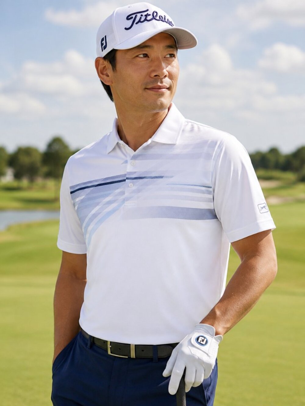 PGA TOUR White/Blue Geometric Large Men's Short-Sleeve Golf Polo